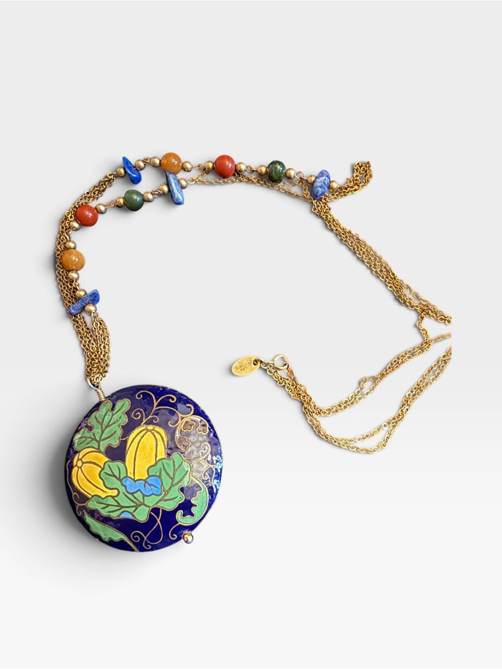 Vintage Les Bernard Enamel Pumpkin Pendant Statement Necklace Signed